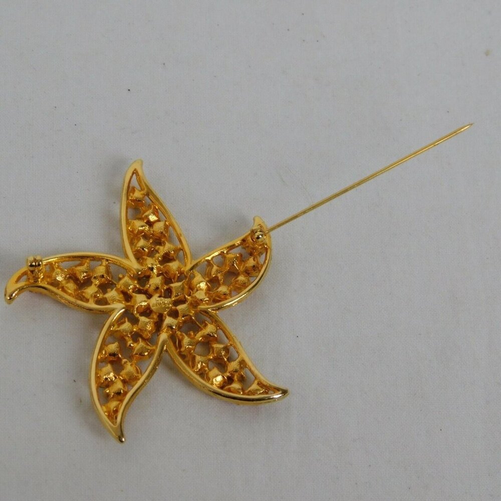 Lee Angel Starfish Pin Brooch Pink Clear Rhinestone Vintage Gold Tone Metal 2.5" - Picture 3 of 6